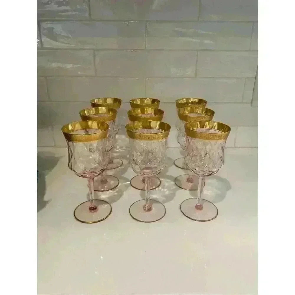 Tiffin Franciscan Valencia Vintage Pink Stem Glass Goblets (x9)‎